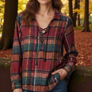 MUDD Y2K Burgundy Plaid Flannel Lace-Up Womens Boho Peasant Top Size Large